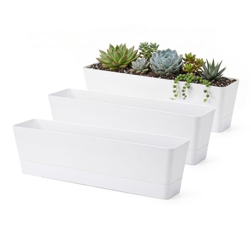 GREANER Window Boxes Planters, 3PCS 16x3.8 Inch Large Herb Planters with Tray, Indoor Succulent Cactus Flowers Vegetable Plastic Rectangle Pots for Balcony, Office, Garden, Outdoor, Windowsill (White) - size: 3Packs/16x3.8in