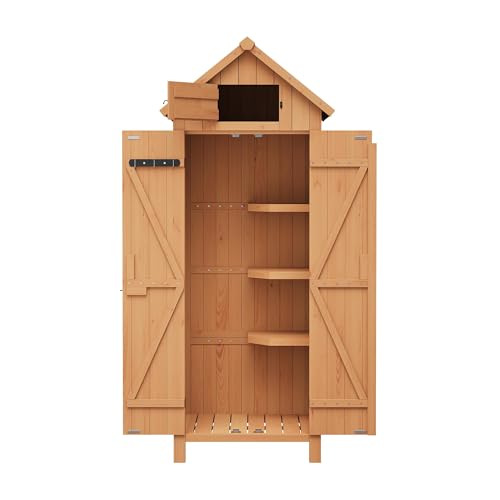 70In Outdoor Storage Shed, Wooden Waterproof Vertical Garden Cabinet with 3 Adjustable Shelves and Lockable Door, Roof Storage, Multi-Wall Weatherproof Design for Patio, Yard, & Lawn Tools - size: 70inch