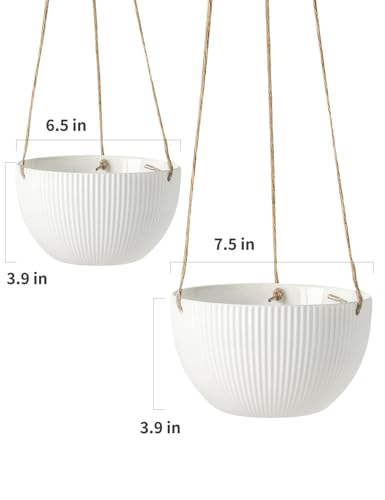 UBEE Ceramic Hanging Planters Indoor Outdoor, 7.5 Inch + 6.5 Inch Hanging Flower Pot for Plants Hanging Basket for Succulent Pothos Herbs Window Home Decor, 2 Pack, White