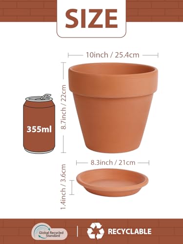 INGOFIN Terracotta Pot with Saucer - 10 Inch Ceramic Clay Pot for Plants with Drainage Hole, Large Terra Cotta Flower Planter with Tray for Indoor Outdoor Plants - size: 10 inch