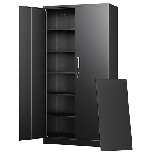 Letaya Metal Storage Cabinets with Lock Doors,Tall Locker Organizer Steel Garage Cabinets, 5 Adjustable Layers Shelves for Home, Office, Warehouse,Tool,Industrial(Black) - color: Black, size: 71 X 32 X 16 In(H X W X D)