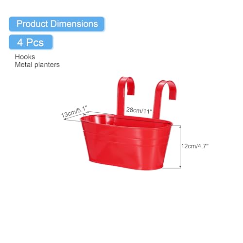 uxcell Rail Planter for Outdoor Plants, 4 Pcs 11" Iron Wall Hanging Planters Fence Railing Balcony Planters with Drainage Holes and Detachable Hooks, Red - color: Red