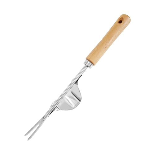 Garden Weeding Tool, V-Shaped Stainless Steel Weed Puller with Ergonomic Wood Handle, Heavy Duty Manual Hand Weeder Fork for Lawn, Farmland & Patio, Deep Root Removal Tool