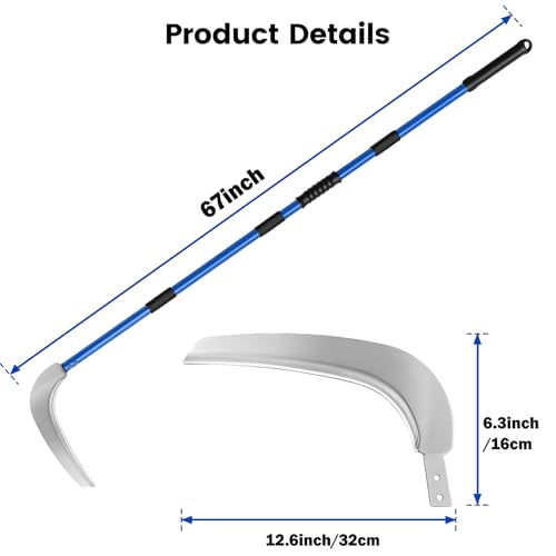 12.6'' Scythe Tool for Grass Cutting, 4 Stainless Steel Poles, Adjustable Dual-Hand Grip, Professional-Grade Blade, for Clearing Bushes, Vines, Fields, Ditches, Paths, Landscaping, Blue, 67in. - size: 12.6'' Scythe with 4 Poles