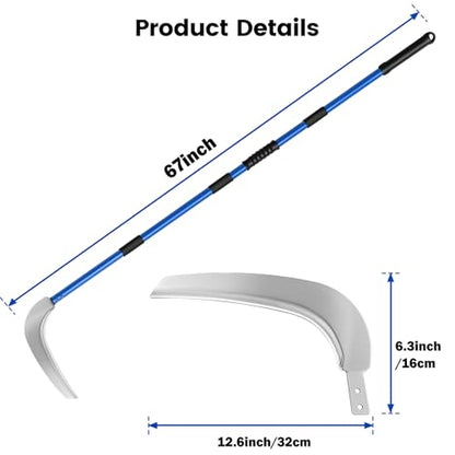 12.6'' Scythe Tool for Grass Cutting, 4 Stainless Steel Poles, Adjustable Dual-Hand Grip, Professional-Grade Blade, for Clearing Bushes, Vines, Fields, Ditches, Paths, Landscaping, Blue, 67in. - size: 12.6'' Scythe with 4 Poles