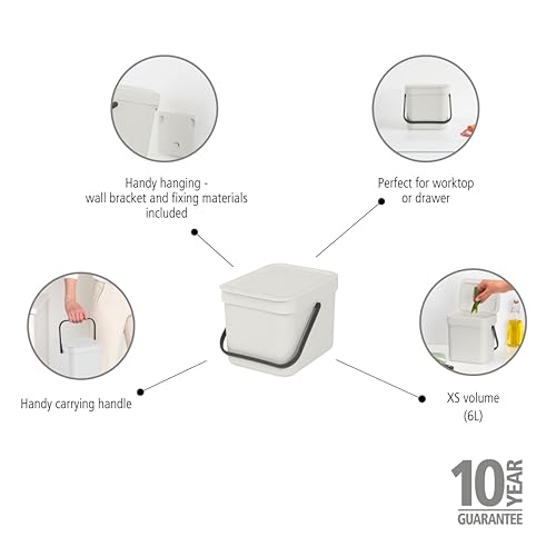 Brabantia Sort & Go Kitchen Countertop Food Scraps Compost Bin | XS / 1.6 Gal / 6L | Light Gray | Removable Stay-Open Lid, Carry Handle, Easy-Clean Recycling Box | Wall-Mounting Bracket Included - color: Light Gray, size: 1x 1.6 Gal / 6L