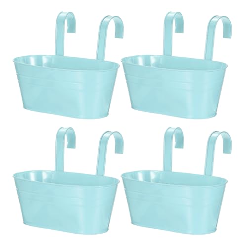 uxcell Rail Planter for Outdoor Plants, 4 Pcs 11" Iron Wall Hanging Planters Fence Railing Balcony Planters with Drainage Holes and Detachable Hooks, Light Blue - color: Light Blue