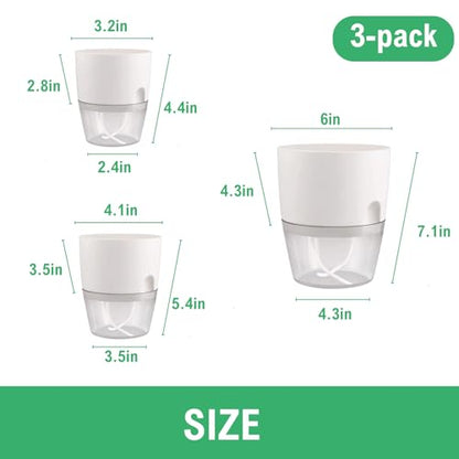 6/4/3Inch Watering Planters 4 Pack Plastic Wicking Pots White - color: 6/4/3''-3pack-white