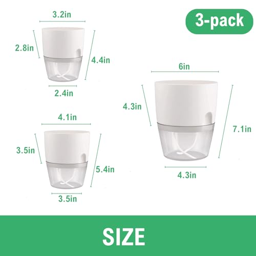 6/4/3Inch Watering Planters 4 Pack Plastic Wicking Pots White - color: 6/4/3''-3pack-white