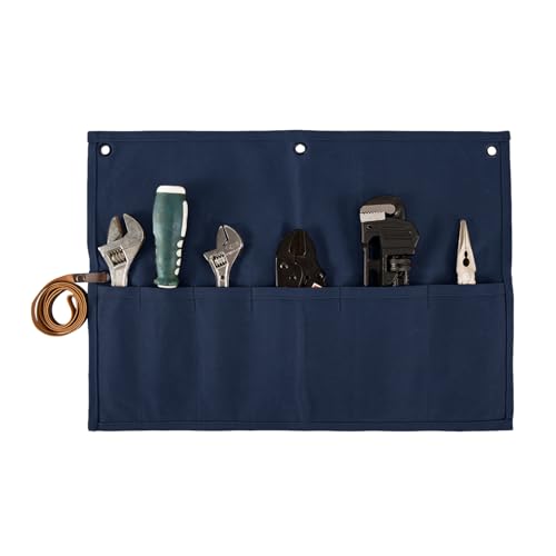 Chisel Roll,Small Tool Roll Pouch,Tool Roll Bag Organizer, Heavy Duty Waxed Canvas Tool Bag, Multi-Purpose Roll-Up Storage Bag for Hand Tools Holder with 6 Pockets Wrench Roll Up Pouch - color: Blue