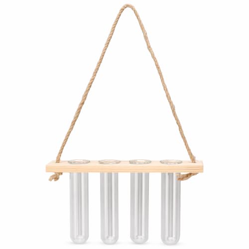 Wall Hanging Plant Terrarium, 4 Test Tube Propagation Station, Glass Planter for Propagating Hydroponic Plants, Mini Flower Vase with Wooden Stand, Home Garden Wedding Decoration (Wood Color) - color: Wood Color