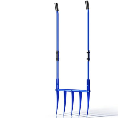 56'' Heavy Duty Broadfork for All the Soils, Detachable Design Pitchfork, 5 Sharp and Cambered 11'' Tines Bord Fork Garden Tool, Ergonomic Handles, Good Package, Easy Assembly, Blue.