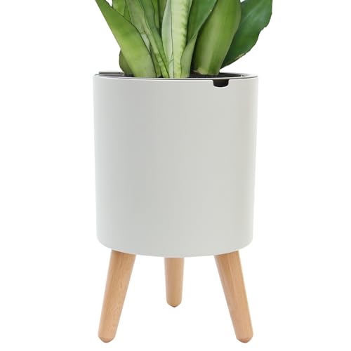 Oliz 7.8 Inch Planter Pot with Solid Wood Legs, Self Watering Planter Pots with Water Shortage Alarm Planter Pot for Indoor Outdoor Modern Flower Planter for Home & Garden(White) - color: A-white
