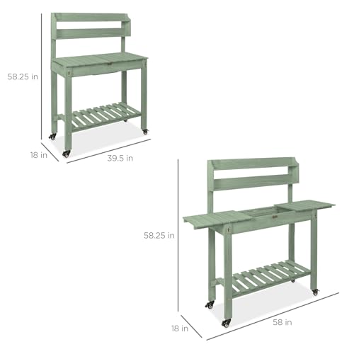 Best Choice Products Mobile Garden Potting Bench, Outdoor Wood Workstation Table w/Sliding Tabletop, 4 Locking Wheels, Food Grade Dry Sink, Storage Shelves - Sage Green - color: Sage Green