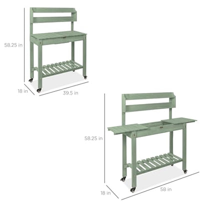Best Choice Products Mobile Garden Potting Bench, Outdoor Wood Workstation Table w/Sliding Tabletop, 4 Locking Wheels, Food Grade Dry Sink, Storage Shelves - Sage Green - color: Sage Green