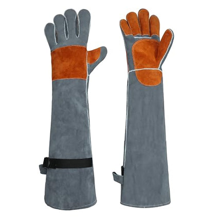 Long Leather Welding Gloves Animal Handling Scratch Bite Proof - color: Grey