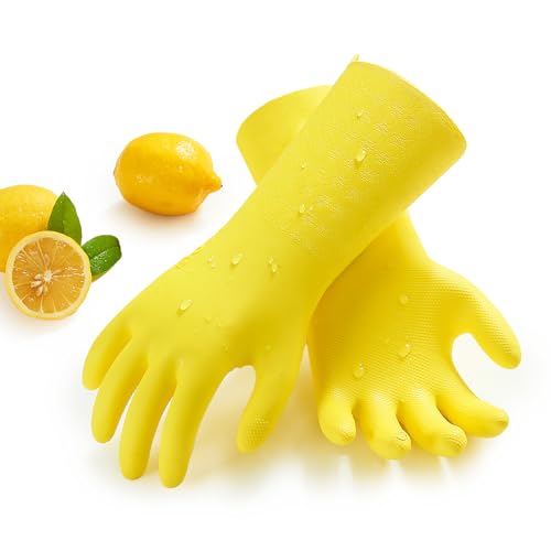 Vgo... Household Cleaning Gloves,Double-layer,Lined Dishwashing Gloves,Long Sleeves for Kitchen,Bathroom Cleaning(TP1117) - color: Yellow, size: Medium(Pack of 1)