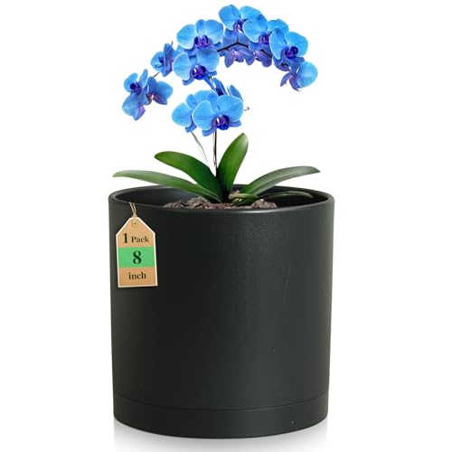WSMKSZ 8 Inch Medium Plant Pots for Indoor Outdoor Plants, Cylinder Deep Flower Pots with Drainage Holes & Saucer, Decorative Plastic Planter Pots for Garden House Plants, Black - color: Black, size: 8 Inch
