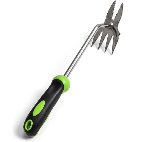 2-in-1 Hand Weeder Puller, Heavy Duty Stainless Steel Garden Tool - color: green