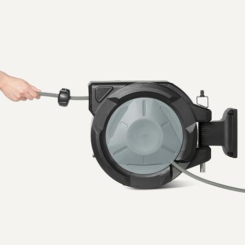 Amazon Basics Retractable Garden Hose Reel, 100 Foot, Wall Mounted, 10-Pattern Spray Nozzle, 180° Swivel Bracket - size: 100ft