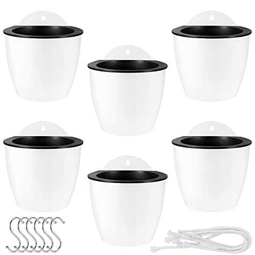 MOUYAT 6 Pcs Plastic Self Watering Hanging Planters, 7 Inch White Wall Mounted Flower Pots with Hooks and Cotton Ropes, Lazy Flower Pots for Outdoor Indoor Plants - size: 7 Inch 6 PCS