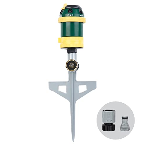 Melnor 65161AMZ Turbo Drive Rotary Sprinkler, Waters Up to 70 Ft. Diameter, 6 Spray Patterns, Adjustable 30° to 360° Coverage, Metal Spike Base, Quick Connect Bundle, Green, Yellow - style: 6-Pattern