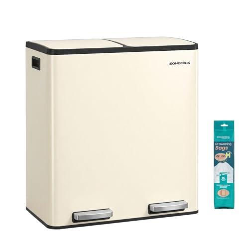 SONGMICS Trash Can, 2 x 8 Gallon (2 x 30 L) Double Compartment - color: Almond, size: 2 x 8 Gal.