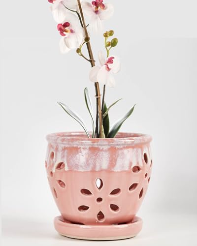 vensovo 5 Inch Ceramic Orchid Pot with Holes and Saucer, Pink - color: Pink