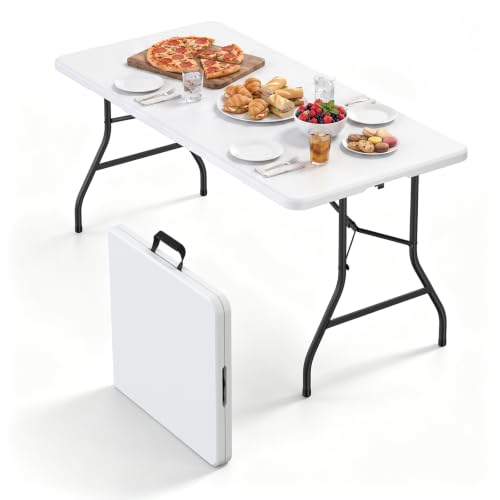 Folding Table, 5FT Foldable Picnic Table with Carrying Handle, Heavy Duty Fold-in-Half Portable Table for Weddings, Camping, RV Travel, Parties, BBQs, and Indoor Use, Easy to Fold and Store, White - color: White, size: 5FT