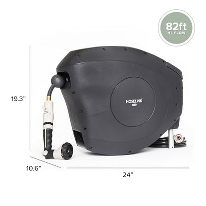 HOSELINK Classic Charcoal 82ft Hi-Flow Automatic Retractable Hi-Flow Garden Hose Reel, 9/16”, UV-Stabilized Kink-Free Hose, Wall Mounted Complete Watering Solution for Backyard, Garden & Outdoor - size: 82ft 9/16" Hi-Flow