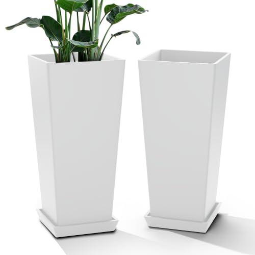 24" Set of 2 Tall White Planters for Outdoor Plants, Tapered - color: Classic White
