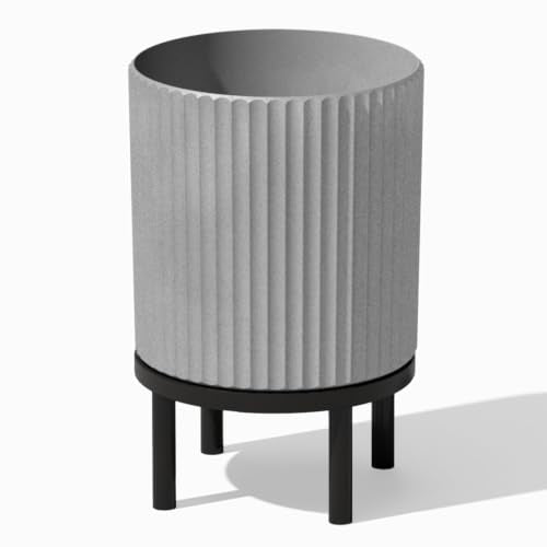 Veradek Demi Series Round Planter w/ Stand for Porch/Patio | Durable Plastic-Concrete & Wooden Stand | Modern Décor for Tall Plants, Flowers - color: Gray/Black, size: 16 inch