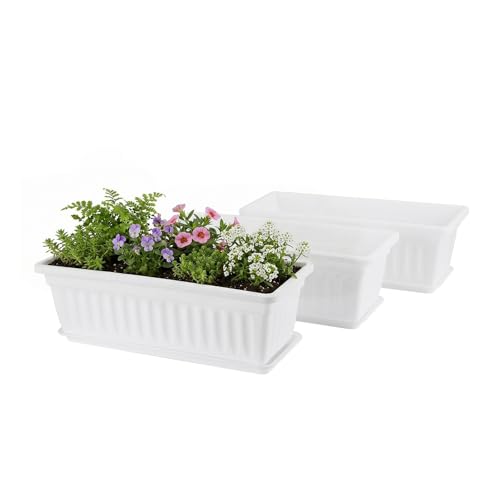 GREANER Rectangle Plastic Flower Boxes, 3 Pack Large Long Planter 16.9x7.48 Inch Morden Thicken Vegetable Plant Pot with Tray for Garden, Kitchen, Window, Office, Balcony, Outdoor Indoor Use - White - color: White, size: 3pcs/16.9x7.48in