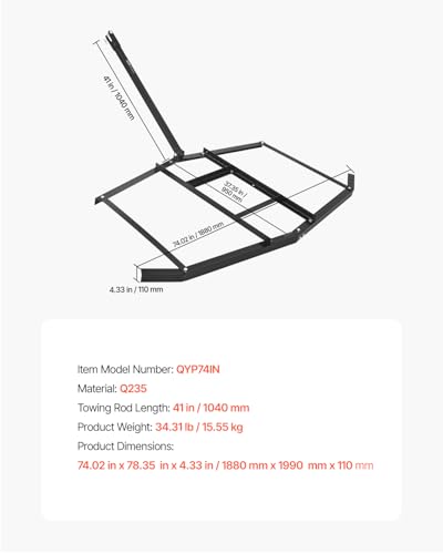VEVOR Drag Harrow, 74" Width Tow Behind Drag Harrow, Q235 Steel Driveway Grader with Adjustable Bars & Pin Hitch, Support up to 50 lbs, Tractor Driveway Harrow for ATVs, UTVs, Garden Lawn Tractors - size: 74 in
