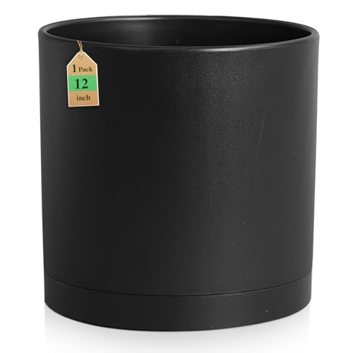 WSMKSZ 12 inch Large Deep Plant Pots for Outdoor Indoor Plants, Tall Cylinder Flower Pots with Drainage Holes and Saucer, Big Decorative Plastic Planter Pots for Garden Porch House Plants, Black - color: Black, size: 12 Inch Black