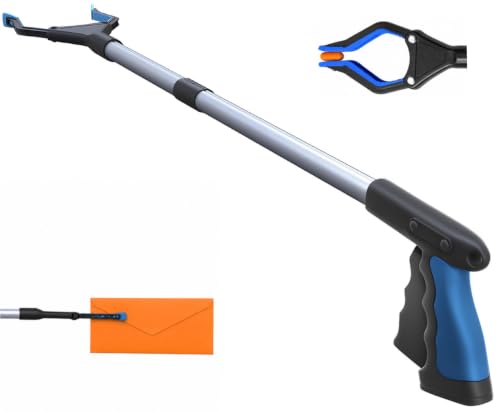FitPlus 2024 Upgrade PowerGrip T9, Grabber Reacher Tool, Wide Jaw, Foldable, Steel Cable, with 96 Grip Points for Firm Grip, 32" with Magnet - color: Blue
