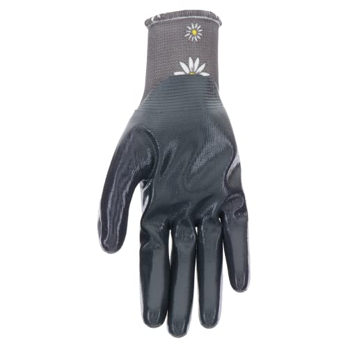 Mud Grip Women's Daisy Printed Polyester Shell and Flat Nitrile Coated Palm Gardening Gloves, - color: Gray, size: Small/Medium (Pack of 1)