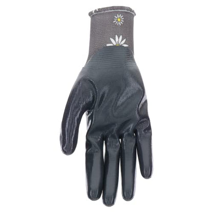 Mud Grip Women's Daisy Printed Polyester Shell and Flat Nitrile Coated Palm Gardening Gloves, - color: Gray, size: Small/Medium (Pack of 1)