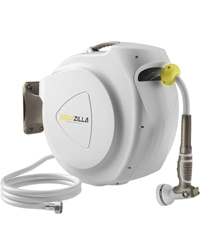 Retractable Garden Hose Reel, 1/2 in 120+6 ft, Heavy Duty Wall Mounted Water Hose Reel, Spring Power Automatic Rewind, Any Length Lock, 180° Swivel Bracket, 10 Pattern Spray Nozzle - size: 1/2" 120FT