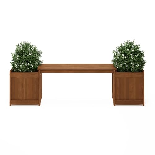 Furinno TIOMAN Planter Box with Bench, Hardwood Flower Box with Seat, Cube Garden Box, in Teak Oil, Outdoor Indoor, Garden, Patio, Balcony, Light Wood - size: 16" x 16" Boxes with 40.5" Wide Bench