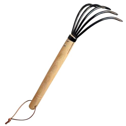 Garden Rake, 15 Inch Steel Tine Rake with Solid Wood Handle