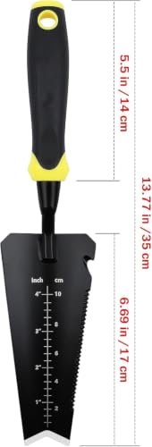 Heavy-Duty Yellow Garden Trowel. Serrated Root Cutter.