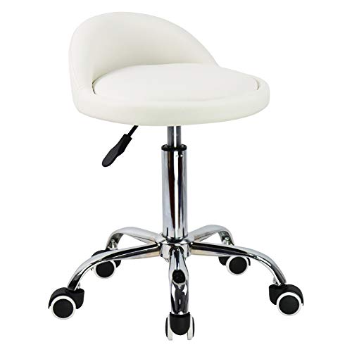 KKTONER PU Leather Round Rolling Stool with Back Rest Height Adjustable Swivel Drafting Work SPA Task Chair with Wheels (White) - color: White