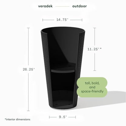 Veradek Demi Series Tall Planter - Tall Tapered Outdoor Planter with Shelf - color: Black, style: Narrow Groove