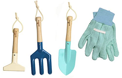 Gardening Set, Tool Kit, for Kids, STEM, Includes Tote Bag, Spade, Watering Can, Rake, Fork, Trowel and Gloves (Ocean Blue) - color: Ocean Blue