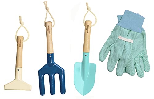 Gardening Set, Tool Kit, for Kids, STEM, Includes Tote Bag, Spade, Watering Can, Rake, Fork, Trowel and Gloves (Ocean Blue) - color: Ocean Blue