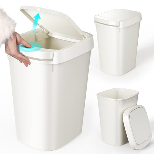 CEROELDA 3 Pack Bathroom Trash Can with Lid, 10L/2.6 Gal Small Garbage Can with Press Top Lid, Slim Plastic Waste Basket for Toilet, Office, Bedroom (White, 3 Pack) - color: 3 Pack-White