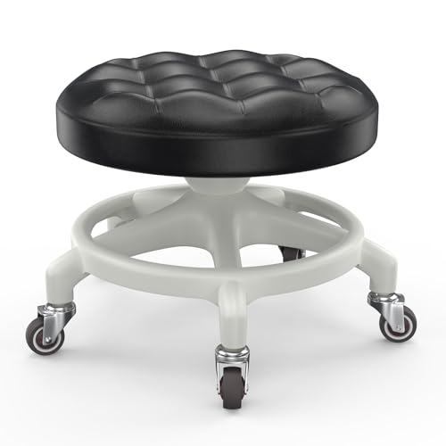Upgraded Low Rolling Stool with 360° Smooth&Quiet Bearing Rubber Wheels, Heavy-Duty 450lbs Mechanic Rolling Seat for Salon, Workshop, Garage, Puffed Anti-Tip Black Seat White Base - color: Glossy Black Seat & White Base