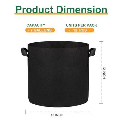 JERIA 12-Pack 7 Gallon Grow Bags, 300G Thickened Nonwoven Garden Pots,Heavy Duty Fabric Pots with Reinforced Handles - size: 7 Gallons