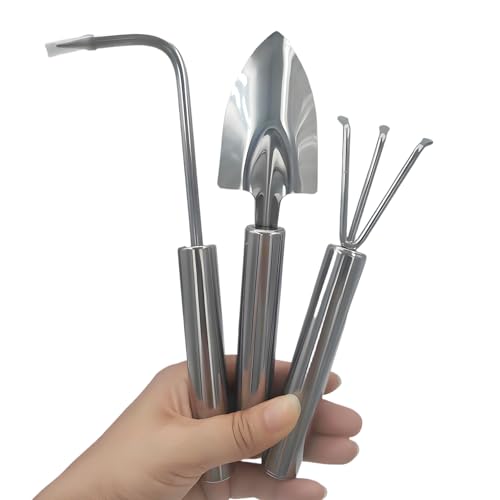 3 Pcs Stainless Steel Mini Garden Tools Set Small Tiny Shovel Trowel Root Extractor Hand Rake Indoor Outdoor Gardening Tools for Pot Plants Succulent Bonsai - style: 3PCS Stainless Steel Silver